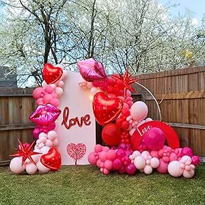 Includes the following 115 pcs 5-inch, 10-inch, 12-inch and 18-inch balloons in different sizes. We choose Hot pink, flamingo red as the theme color palette, and add foil 18 and 32-inch red hearts, pink lips, "LOVE" balloons and star balloons with glue dot chain set to let you create a noble and vibrant atmosphere. Engagement Theme, Pink Balloon Garland, Engagement Party Themes, Engagement Themes, Valentines Balloons, Baptism Decorations, Garland Arch, Love Balloon, Fiesta Baby Shower