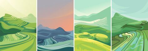 Road Illustration, Page Background Design, Mountain Sunset Landscapes, Logo Design Branding Simple, Rice Terraces, Book Illustration Art, Graphic Design Packaging, Graphic Design Pattern, Sunset Landscape