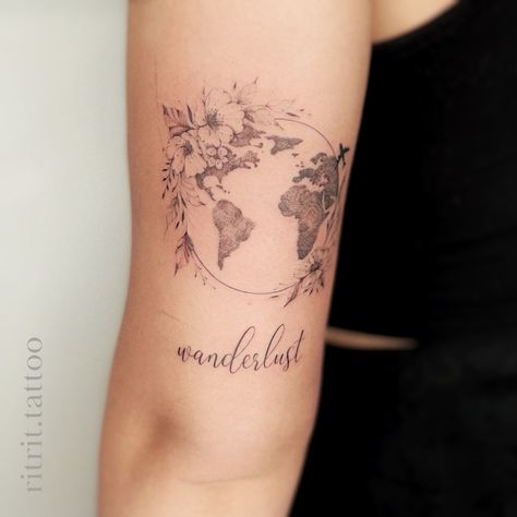 Fine-line earth tattoo with flowers around 🌎 #earth #planet #flowertattoo #flowertattoodesign #finelinetattoo #fineline #floraltattoo #wanderlust Earth On Fire, Tattoo With Flowers, Cute Owl Tattoo, Dragon Tattoo Ideas, Globe Tattoos, Earth Tattoo, Crazy Tattoos, Tattoo Floral, Circle Tattoos