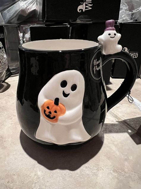 New Ghost Coffee MUG 15oz Cup White Halloween W. Black Pumpkin RARE 872671095438 | eBay Halloween Mugs Coffee Cups, Spooky Mugs, Halloween Ceramics, Halloween Coffee Mugs, Spooky Basket, Boo Baskets, Ghost Coffee, Pumpkin Mug, Halloween Mugs