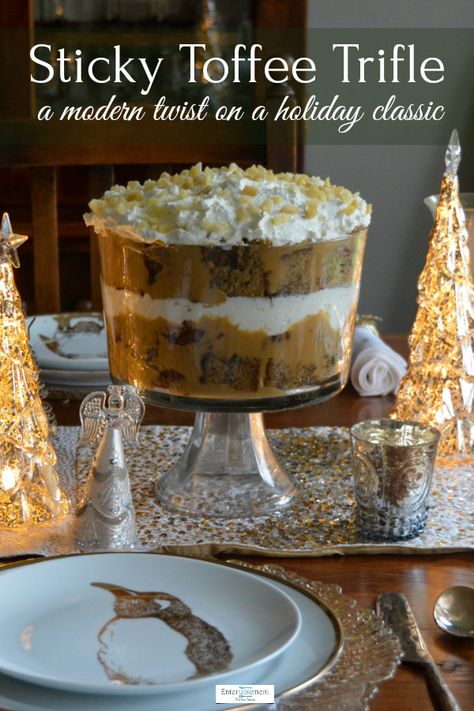 Sticky Toffee Trifle - Entertablement Triffle Recipes Holiday, Sticky Toffee Pudding Trifle, Toffee Trifle Desserts, Sticky Toffee Pudding Trifle Recipe, Egg Nog Trifle Recipe, Trifle For Thanksgiving, Christmas Date Recipes, Sticky Toffee Pudding Layer Cake, Sticky Toffee Trifle