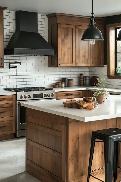 19 Brown Kitchen Cabinets To Elevate Your Kitchen With Natural Tones - Courtneys World Stain Colors For Wood Cabinets, Kitchens With Walnut Cabinets, Kitchens With Dark Wood Floors, Brown Cabinets White Counter, Kitchen Brown Cabinets, Kitchen With Brown Cabinets, Earth Tone Kitchen, Restaining Kitchen Cabinets, Modern Craftsman Kitchen