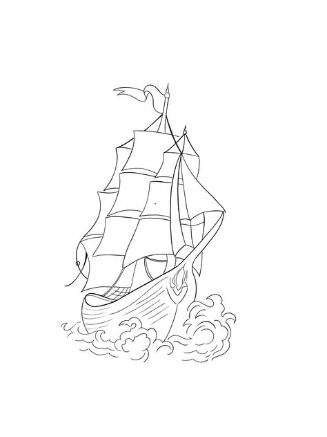 Ship Tattoo Fine Line, Simple Pirate Ship Drawing, Ocean Tattoo Stencil, Pirate Ship Outline, Small Pirate Ship Tattoo, Ship Tattoo Stencil, Ship Line Drawing, Pirate Ship Tattoo Drawing, Small Ship Tattoo