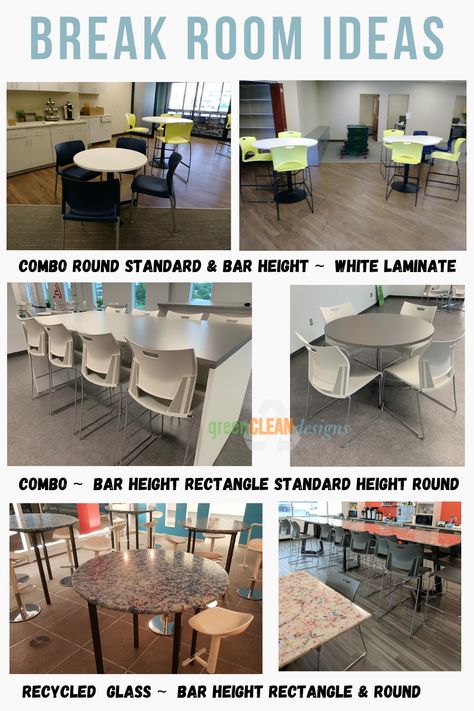 Every office needs a break room.  Here are some of employee break room design ideas showing a mixture of standard and bar height tables and chairs.  Whether it is laminate or recycled glass, your break room should be easy to clean and nice place for team members to relax. Break Room Table And Chairs, Employee Lunch Room Ideas, Employee Breakroom Ideas, Staff Lunch Room Ideas, Hotel Employee Break Room, Teacher Lounge Decorating Ideas, Breakroom Ideas Work Retail, Office Break Room Decor, Employee Break Room Decorating Ideas