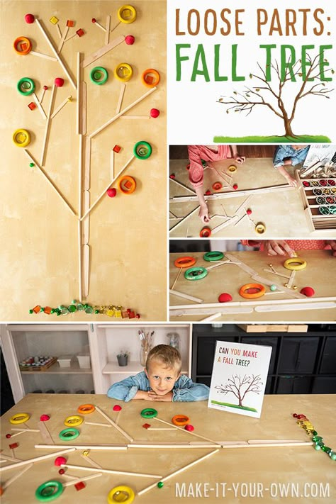 Fine Motor Fun:  Create a Fall Tree with Loose Parts! #fall #Autumn #looseparts #earlylearning Thanksgiving Loose Parts, Fall Loose Parts Preschool, Fall Tree Kindergarten, Provacations Preschool Fall, Reggio Inspired Fall Provocations, Fall Loose Parts Ideas, Fall Reggio Emilia Activities, Loose Parts Kindergarten Activities, Parts Of A Tree Preschool