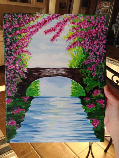 Pink flower and bridge. Bridge Painting, Oil Pastel Art, Easy Canvas Painting, Spring Painting, Nature Art Painting, Night Painting, Beginner Painting, Paint Art, Amazing Art Painting