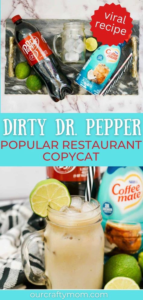 Jump on the viral TikTok trend with a dirty soda mocktail. This dirty Dr. Pepper recipe can be made in just 5 minutes with only 3 ingredients! Dirty Dr Pepper With Alcohol, Dirty Dr Pepper Recipe Sonic, Dirty Dr Pepper Recipe, Sonic Dirty Soda Recipes, Beach Beverages, Dirty Soda Recipes, Dirty Dr Pepper, Soda Mocktail, Soda Drinks Recipes