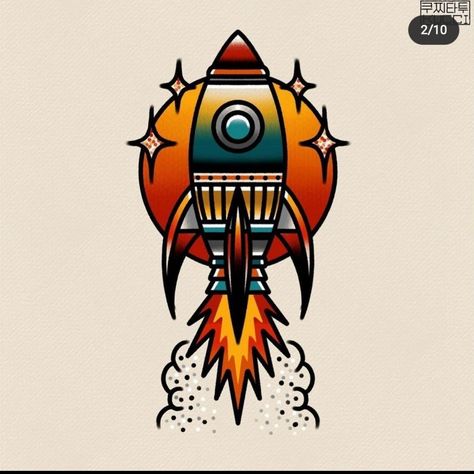 Traditional Rocket Tattoo, Geometric Traditional Tattoo, Tattoo Ideas American Traditional, Tattoos Neo Traditional, Rocket Ship Tattoo, Aviation Tattoo, Alien Tattoos, Jay Tattoo, Traditional Tattoo Stencils