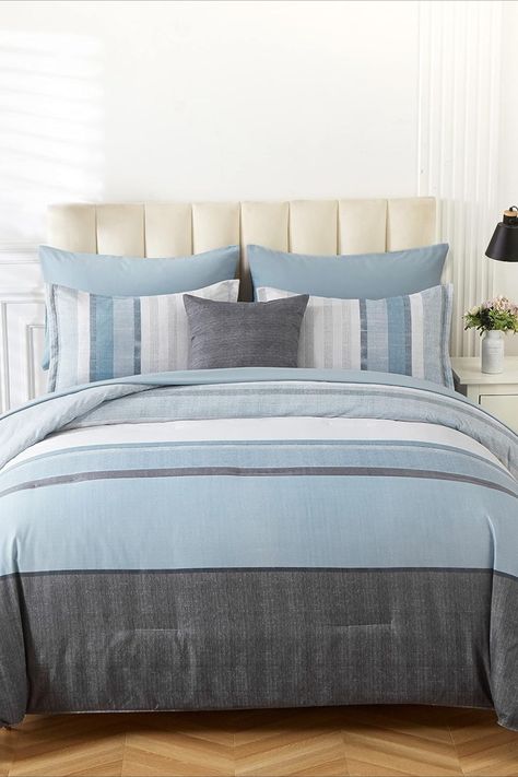 Blue and Grey Patchwork Striped Comforter and Sheet Set, Soft Microfiber Bedding Set for All Season(Blue, 104"x90") #ad #amazon Striped Comforter, Bohemian Comforter, Comforter Sets Boho, Boho Comforters, Striped Bedding, King Comforter Sets, Bed In A Bag, Blue And Grey, Comforter Set