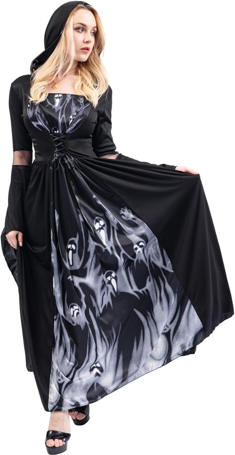 Chitomars Witch Dress with Hooded Cape, Halloween Costumes for Women Soul Reaper Costume With Hooded Cloak Medieval Dress Fancy Dress for Women Dress With Hooded Cape, Cape Halloween Costumes, Fancy Dress For Women, Bruja Halloween, Cloak Medieval, Halloween Costume Women, Soul Reaper, Reaper Costume, Halloween Costumes For Women