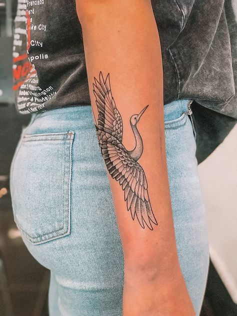 Bird Tattoo On Leg, Japanese Crane Tattoo Arm, Crane Leg Tattoo, Crane Tattoo Shoulder, Crane Forearm Tattoo, Crane Elbow Tattoo, Crane Tattoo Japanese, Crane Shoulder Tattoo, Crane Tattoo Arm