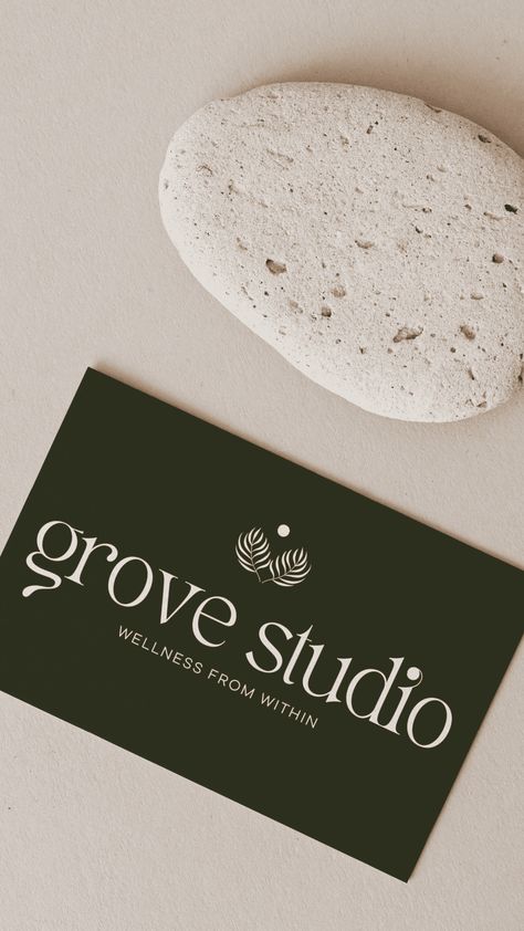 Mockup of a business card for Grove Studio, a holistic wellness space. Green business card with Grove Studio logo on the front. Pilates Business Cards, Yoga Business Cards, Toned Aesthetic, Pilates Business, Studio Brand Identity, Branding Business Card, Aesthetic Branding, Wellness Space, Business Card Mockup