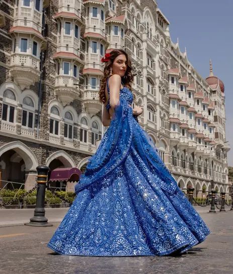 35+ Mirror work lehengas to glam up your wedding | WeddingSutra Lehnga Style, Blue Bridal Lehenga, Crop Top Gown, Lehenga Blue, Lehenga Inspiration, Asian Attire, Champagne Gown, Indian Fits, Embroidered Suits