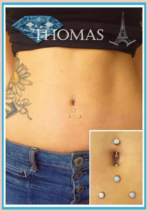 dermal anchor piercing project with double navel piercing :) All with white opals :) by Thomas Double Back Dermal Piercing, Dermal Face Piercing, 3 Dermal Piercing Chest, Dermal Piercing Face, Dermal Back Piercings With Tattoo, Double Navel Piercing, Dermal Pericing Back, Sternum Piercing Surface Dermal Anchor, Anchor Piercing