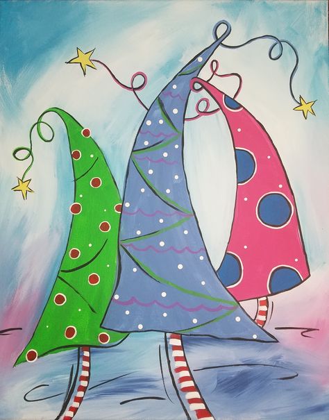 Whimsical Christmas trees. Cute and easy. Great for a painting party.  Painted on canvas with acrylic paint. Painted by Johnny McNabb art Whimsy Christmas, Whimsical Christmas Tree, Christmas Tree Canvas, Tree Painting Canvas, Whimsical Christmas Trees, Christmas Paintings On Canvas, Watercolor Christmas Tree, Christmas Tree Art, Whimsical Paintings