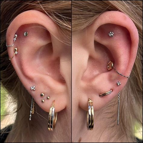 Ear Piercing Combinations, Constellation Piercings, Unique Ear Piercings, Ear Lobe Piercings, Piercing Inspo, Cool Ear Piercings, Pretty Ear Piercings, Piercings Unique, Hot Jewelry