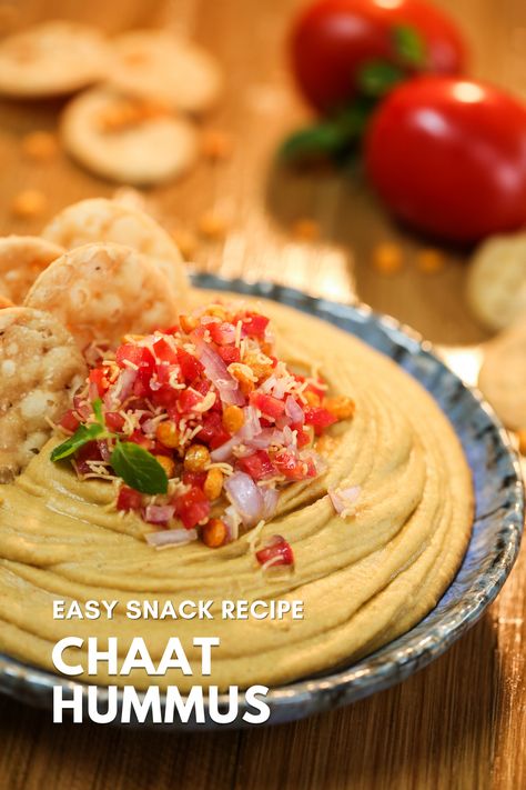 Arabic hummus with all the flavours of a chaat, served with crisp papdi bread & crunchy salad. Arabic Mezze, Street Food Recipe, Crunchy Salad, Tamarind Chutney, Recipes Snacks, Chaat Masala, Indian Street Food, Easy Snack Recipes, Hummus Recipe