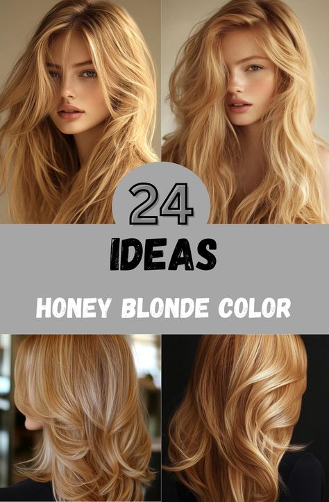 Honey blonde is a timeless color that looks great no matter the season. From soft, sun-kissed shades perfect for summer to deeper, richer tones ideal for fall, there’s a honey blonde look for everyone. Whether you prefer a subtle balayage, bold highlights, or an all-over honey hue, these 24 color ideas offer the perfect blend of warmth and shine to brighten up your hair and complexion. Discover your perfect shade and add some golden glow to your style. Sunlit Honey Blonde Hair, Honey Colored Hair, Light Caramel Hair, Blonde Dimensional Hair, Honey Blonde Hair Color Ideas, Bold Highlights, Blonde Hair Color Chart, Blonde Ideas, Golden Blonde Hair Color