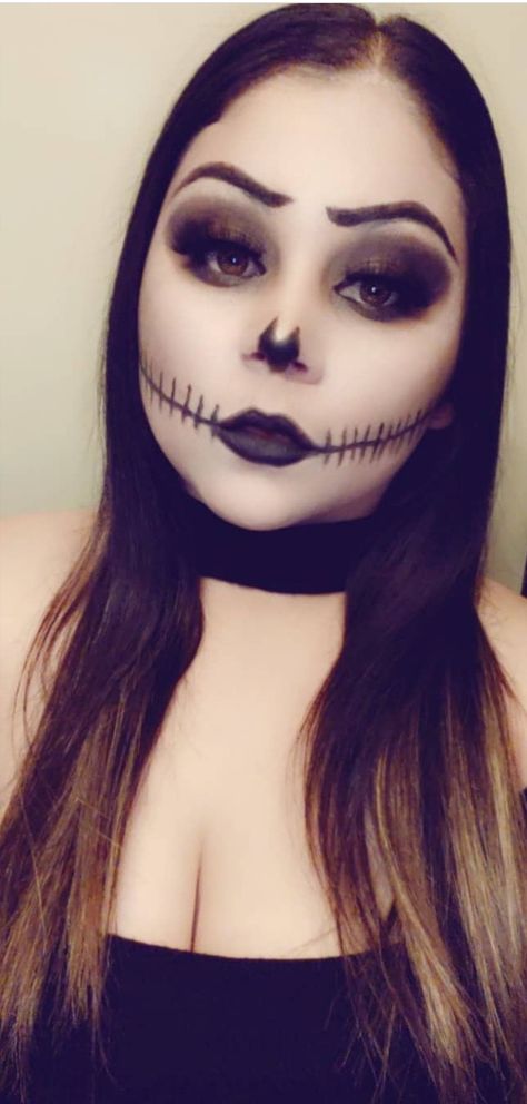 Jack Skellington Halloween Makeup 🕷 Jack Female Costume, Jack Skellington Make Up Female, Jack Skellington Face Makeup, Jack Skellington Halloween Makeup, Womens Jack Skellington Costume, Easy Jack Skellington Makeup, Jack Skellington Costume Female Diy, Diy Jack Skellington Costume Women, Simple Jack Skellington Makeup