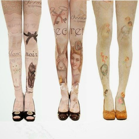 Harajuku Shop: Mori picks for Autumn (10% OFF CODE IN POST ) #lolita #dolly_kei Tattoo Leggings, Funky Tights, Cool Tights, Cute Tights, Cat Rabbit, Mori Kei, Black And White Cat, Funky Outfits, Angel Tattoo