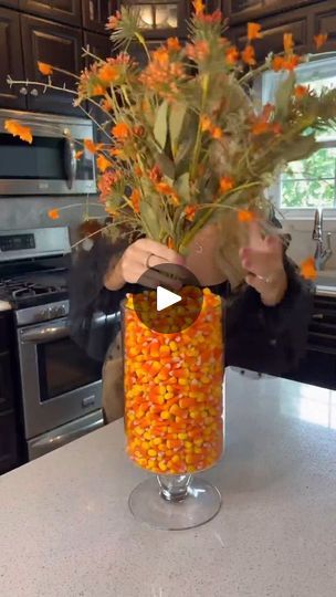 Candy Corn Centerpiece!🧡💛 So cute and easy! 🎃 One of my favorites from last spooky season! #candycorn #falldecor #halloweendecorideas #fallcenterpiece | Miss venezuela.com | Miss venezuela.com · Original audio Candy Corn Vase Filler, Candy Corn Vase, Corn Centerpiece, Halloween Floral Arrangements, Miss Venezuela, Halloween Floral, Vase Fillers, Fall Centerpiece, Candy Corn