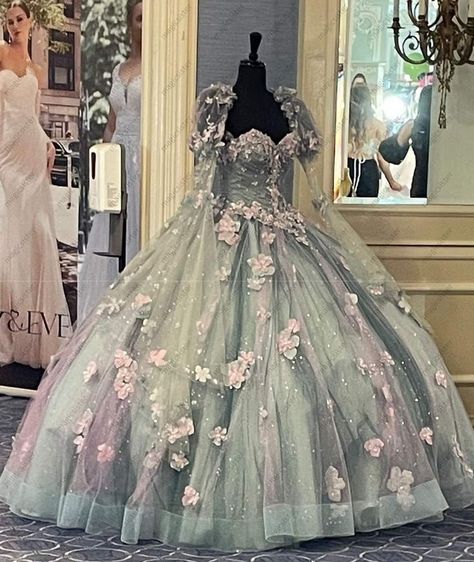 Quncie Dresses With Sleeves, Green Quince Dresses With Sleeves, Sage Green Quinceanera Dresses Long Sleeve, Quinceanera Dresses Fairy, Enchanted Theme Dress, Pink And Green Quinceanera Dress, Light Green Quince Dress, Sage Quinceanera Dress, Quince Dress Green