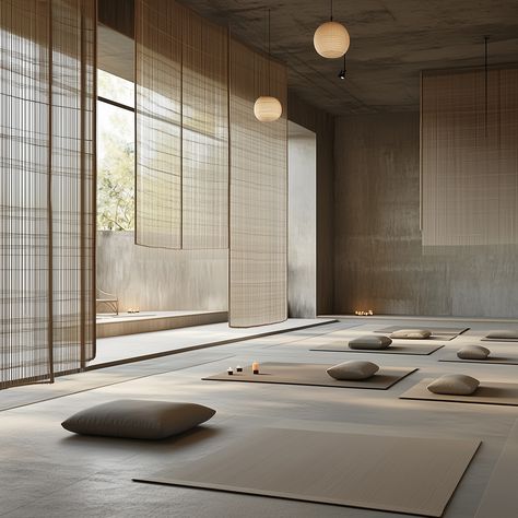 “Japandi style isn’t just seen, it’s felt; it promotes an interior calm as much as it does interior beauty.” A serene, minimalistic yoga studio that embodies the essence of Japandi design, blending Japanese and Scandinavian aesthetics. The space is characterised by its use of natural materials, particularly light wood and bamboo, creating a calming atmosphere with an earthy, neutral colour palette. The design emphasises simplicity, with hanging screens and panels that divide the room subtly,... Yoga Space Design, Japandi Home Office, Japandi Style Living Room, Japandi Furniture, Eco Friendly Interior, Japandi Interiors, Sustainable Interior Design, Japandi Home, Yoga Studio Design