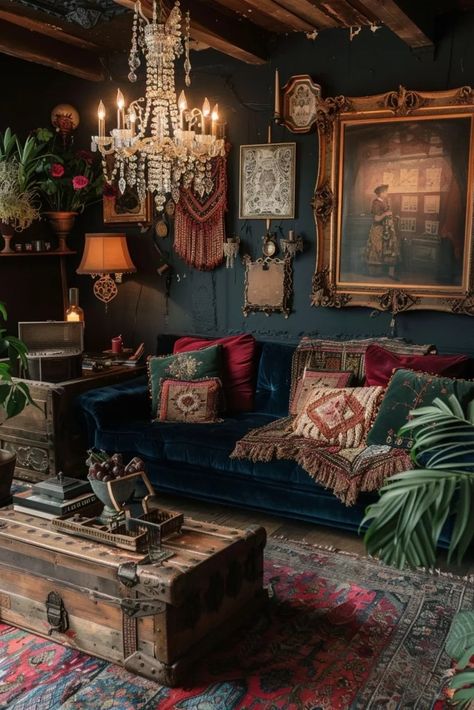 29 Exciting Dark Boho Living Room Ideas You Must See 20 Dark Boho Living Room, Moody Living Room, Boho Living Room Ideas, Dark Boho, Moody Decor, Deco Studio, Dark Home Decor, Dark Home, Boho Living