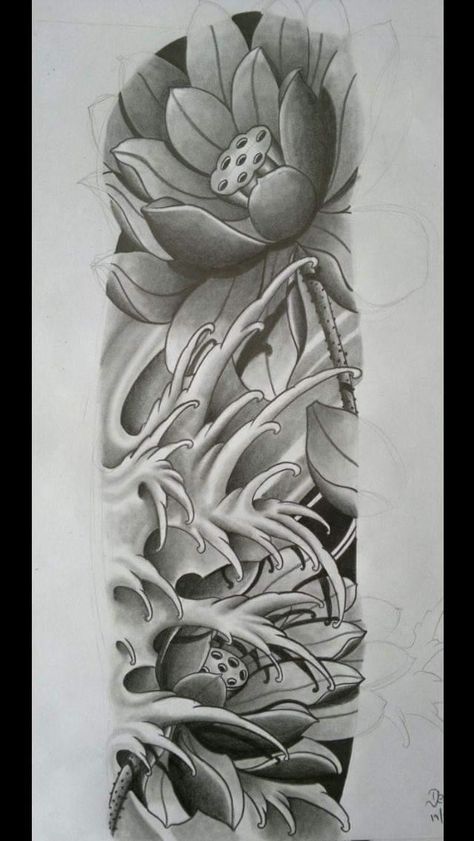 Tattoo Sleeve, Pencil Drawing, A Black, Lotus, Pencil, Black And White, Tattoos, Water, White