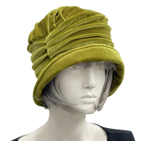 Chartreuse Velvet, 1930s Hats, Hat Sewing, Bespoke Hats, Cloche Hats, Hydrangea Colors, Velvet Scarf, Soft Hats, Brooch Handmade