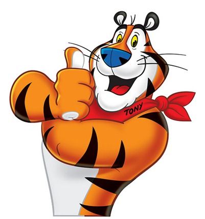 Tony the Tiger is the mascot for the Kellog's cereal Frosted Flakes. Tony the Tiger's catchphrase is "They're Grrreat" which is spelled out on the box just as it appears here. Originally Tony competed against three other potential mascots for Frosted Flakes. Katy the Kangaroo, Elmo the Elephant and Newt the Gnu (a gnu is pretty much the same thing as a wildebeest) were the his competition. Within a year the other three were dropped (Katy being the only one to actually appear on a cereal box... Kellogs Cereal, Tony The Tiger, Cartoon Network Characters, Catch Phrase, Newt, The Tiger, Cartoon Pics, Frosted Flakes, Cartoon Network