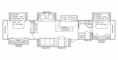 49' 5th Wheel - 2 Bedroom | 2 Bath 2 Bedroom Fifth Wheel, 2 Bedroom Rv, Bed Placement, 5th Wheel Camper, Shower Sizes, Corner Shower, 5th Wheels, Fifth Wheel, Trailers For Sale