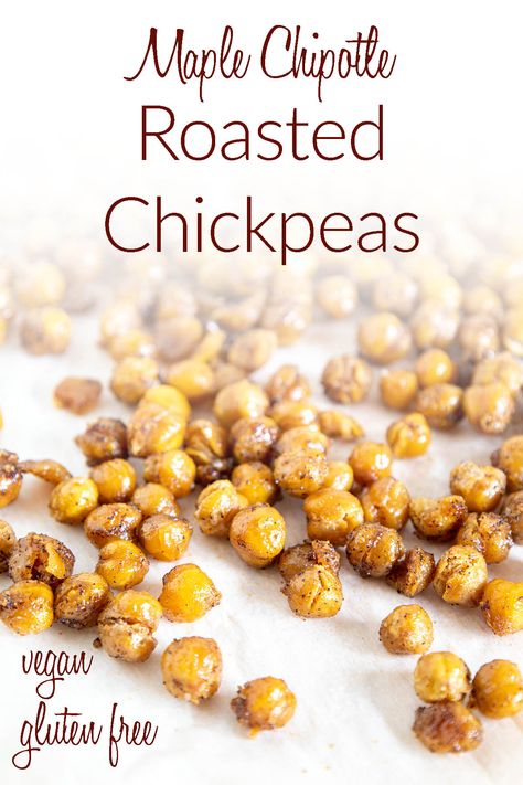 These crunchy Maple Chipotle Roasted Chickpeas are sweet and spicy. Eat them by themselves or add them to a salad, soup, Buddha bowl, trail mix, or anywhere you want some extra crunch. Vegan Snack Recipes, Chickpea Recipes, Gluten Free Snacks, Vegan Appetizers, Roasted Chickpeas, Homemade Snacks, Vegan Snacks, Vegan Dinners, Healthy Snacks Recipes