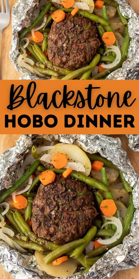 Blackstone Hobo Dinner Recipe - grillonadime.com Hobo Dinner Foil Packets, Dinner Foil Packets, Hobo Dinner Recipes, Hobo Dinner, Outdoor Griddle Recipes, Griddle Cooking Recipes, Campfire Dinners, Hibachi Recipes, Outdoor Griddle