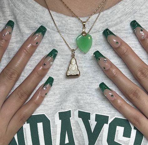 Black Nails Ideas, Green Toe Nails, Gem Nail Designs, Jade Nails, Cnd Nails, Green Acrylic Nails, Medium Coffin, Black Acrylic Nails, Green Nail Designs