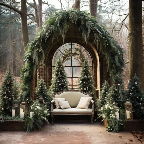 Woodland Outdoor Christmas Decorations, Elegant Winter Wedding Centerpieces, Winter Wonderland Flowers, Rustic Winter Wedding Centerpieces, Winter Enchanted Forest Theme, Evergreen Centerpiece Wedding, Outdoor Celebration Of Life Ideas, Winter Wonderland Outdoor Decorations, Narnia Wedding