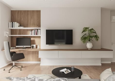 Tv Desk Living Room Modern, Desk Tv Combo, Tv Desk Living Room Wall Units, Tv Console And Desk Combo, Tv Stand With Desk, Tv And Desk Wall Unit Living Room, Workstation In Living Room, Office Tv Room Combo Small Spaces, Home Office With Tv And Couch