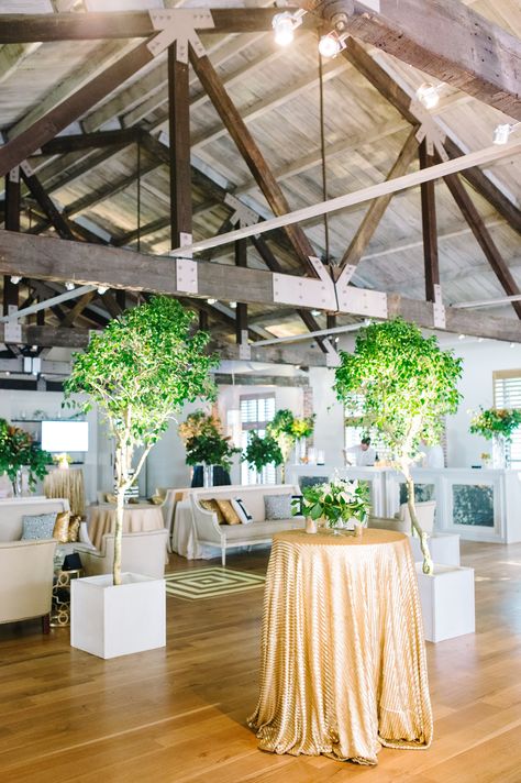 Black, white, green and gold lounge area for wedding reception. Gold cocktail tables with greenery and indoor tall trees. Thank you to all of our Charleston Vendors for making The "NEW" Knot event possible. We couldn't of done this without you. Check out our blog to see more pictures and videos of this event! http://www.macandbevents.com/#!The-Knot-Rocks-Charleston/c24tz/552fa67d0cf22518559ec34c