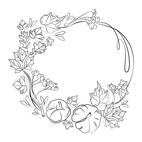 Autumn Round frame wreath with pumpkins,leaves and branches of rowan vector black and white sketch illustration.Line art drawing autumn wreath with gifts of nature with empty space for text. Line Art Pumpkin, Acrylics Ideas, Wreath With Pumpkins, Pumpkin Sketch, Drawing Autumn, Autumn Doodles, Illustration Line Art, Fall Leaf Wreaths, Spring Things