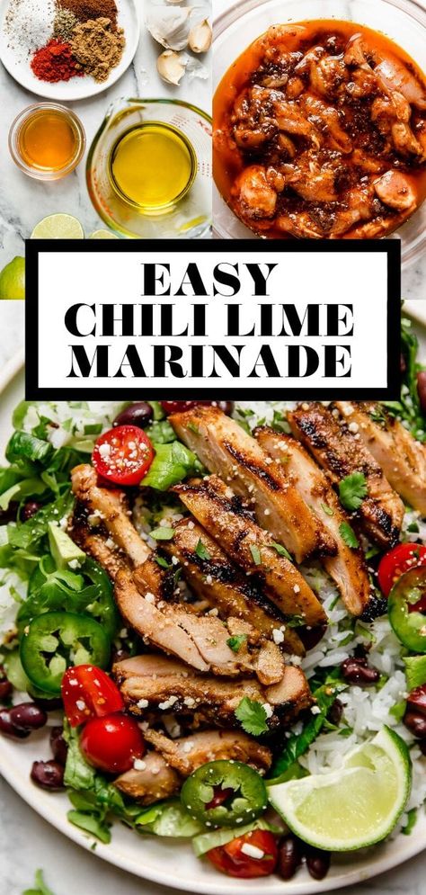 This Chili Lime Marinade adds bright, zesty, & spiced flavor to everything it touches. Made with just 8 pantry ingredients in 10 minutes or less, this Mexican-inspired marinade pairs beautifully with everything from epic steak fajitas to grilled chicken, pork, seafood, veggies, & even fruit! #marinade #chililime #chililimechicken #chililimesalmon #chilelime #marinadeforchicken #grilledchickenmarinade Chicken Marinade Healthy, Pork Marinades, Chili Lime Chicken Marinade, Mexican Chicken Marinade, Veggie Marinade, Chili Lime Marinade, Mexican Marinade, Pork Fajitas, Lime Marinade For Chicken