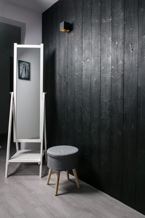 Black Wood Feature Wall, Feature Wall Living Room Paint, Wood Cladding Interior Feature Walls, Black Gray Living Room, Black Feature Wall Living Room, Gold Feature Wall, Charred Wood Wall, Wood Cladding Interior, Black Grey Living Room