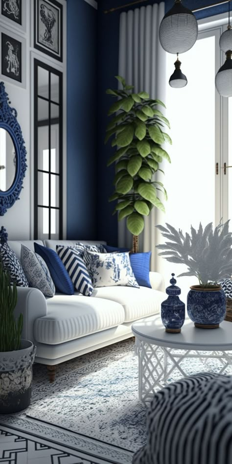 Indulge in the soothing allure of blue and white boho-style decor with this captivating living room inspiration. Immerse yourself in the serenity of the color palette, adorned with bohemian elements that bring a sense of wanderlust and relaxation. Create a tranquil and inviting space that reflects your free-spirited nature. #BohoLivingRoom #BlueAndWhiteDecor #SereneVibes Artwork In Home, Cozy Cubicle, Blob Mirror, Perfect Laundry Room, British Colonial Decor, Blue Living Room Decor, Blue White Decor, Minimalist Home Interior, Pretty Room