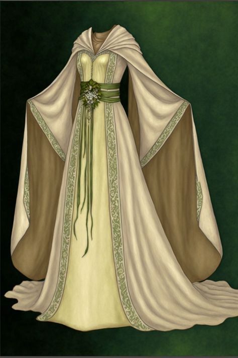 An ivory and light green wedding dress, inspired by Jedi robes. Light Green Wedding Dress, Green Fantasy Dress, Light Green Wedding, Jedi Robes, Green Wedding Dress, Elven Clothing, Jedi Robe, Inspired Wedding Dress, Elven Dress