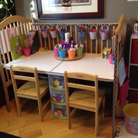 We upcycled our old drop-side crib into an art desk, along with a homemade carousel for markers and such! Diy Organizing Ideas, Old Baby Cribs, Crib Desk, Kids Craft Tables, Old Cribs, Diy Organizing, Art Desk, Organizing Ideas, Baby Crib