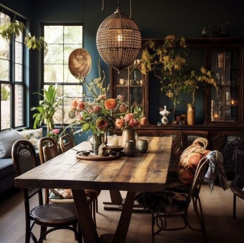 Earthy Boho Dining Room, Cozy Earthy Dining Room, Dining Room Earthy, Modern Woodsy Home, Dark Boho Dining Room, Dining Rooms With Wallpaper, Cozy Cottage Dining Room, Whimsical Dining Room, Cozy Dining Rooms