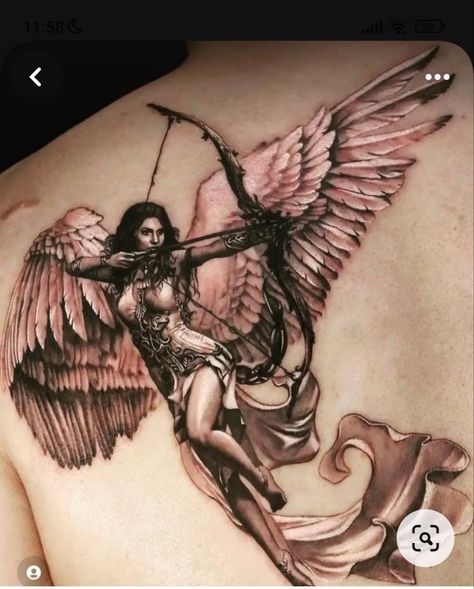 Worrier Angel Tattoo, Warrior Angel Tattoo For Women, Woman Warrior Tattoo Goddesses, Eris Tattoo, Female Angel Tattoo, Warrior Woman Tattoo, Warrior Princess Tattoo, Huntress Tattoo, Warrior Tattoos For Women