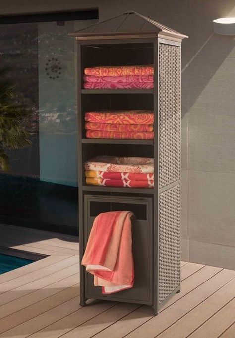 The Donnelly towel valet and storage cabinet provides ample storage space for pool accessories, towels or toys. This towel valet also features a hinged pull out storage bin with a screened bottom that can hold used towels or trash. Pool Towel Storage Ideas, Pool Towel Storage, Towel Storage Ideas, Pool Organization, Outdoor Pool Decor, Swimming Pool Area, Deck Furniture Layout, Pool Storage, Mini Pool