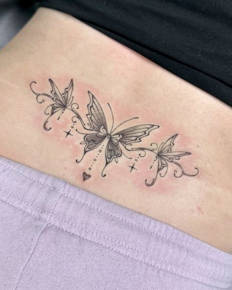 Dainty butterfly tramp stamp for Andra 🫧 Kelly Chen, Wheat Tattoo, Butterfly Tattoo Stencil, L Tattoo, Dainty Butterfly, Black Girls With Tattoos, Small Pretty Tattoos, Cute Little Tattoos, Pretty Tattoos For Women