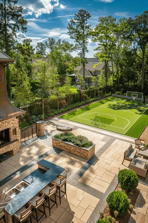 backyard for entertainment and sports Backyard Tv, Lawn Design Ideas, Lawn Makeover, Modern Lawn, Backyard Court, Lawn Designs, Backyard Sports, Paver Patios, Large Backyard Landscaping