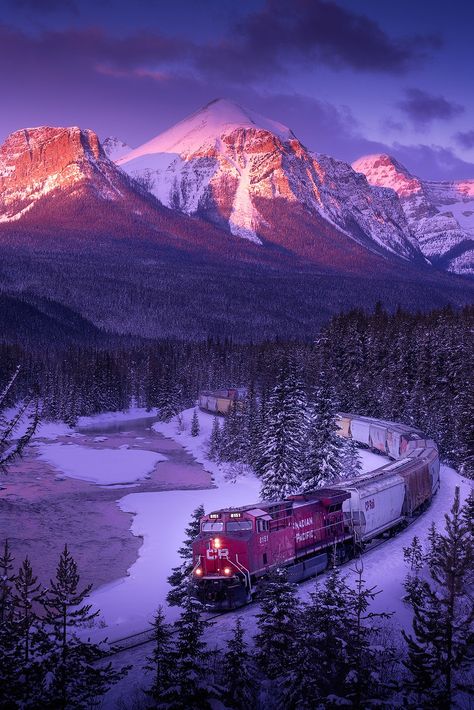 The Canadian Pacific Railway train winds its way through the Rockies on a cold winter morning. Train Wall Art, Canadian National Railway, Canadian Pacific Railway, Gods Creation, Rocky Mountain National, Banff National Park, Sign Printing, Mount Rainier, Landscape Art